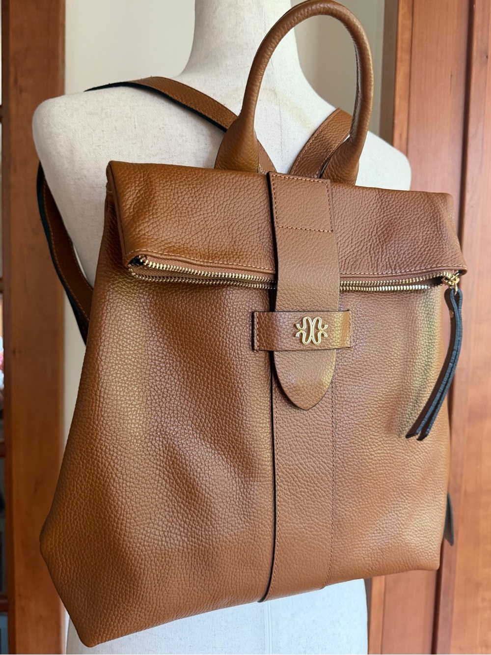Stauer Pebbled Brown Leather Backpack with Gold Hardware